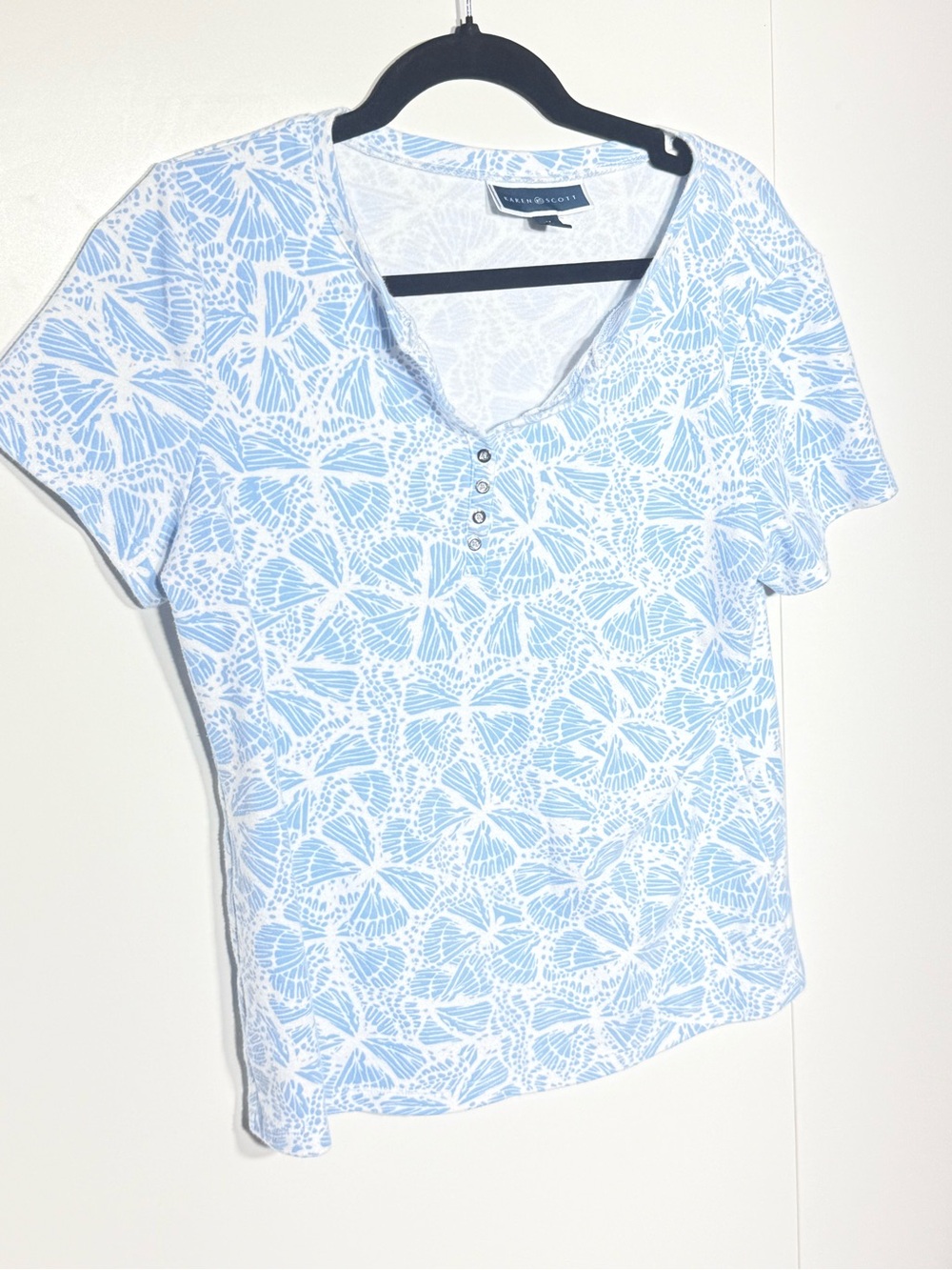 Karen Scott Light Blue and White Butterfly Print Short Sleeve Top